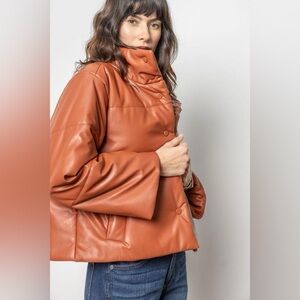Lilla P Channel Quilted Puffer Jacket Cognac Faux Leather XS